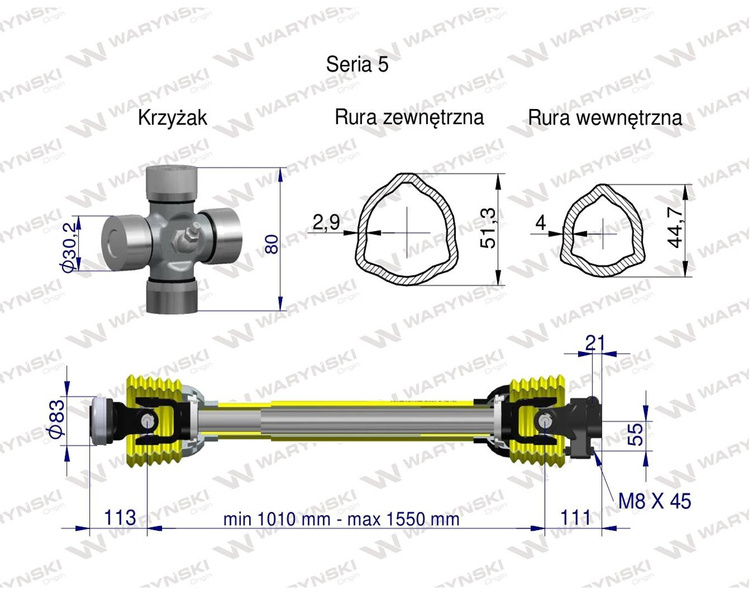 Wał przegubowo-teleskopowy (sprzęgło z kołkiem) 1010-1550mm 620 Nm 60970 CE seria 5 WARYŃSKI