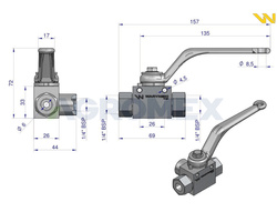 Zawór kulowy hydrauliczny 3-drogowy 3/2 - 1/4''BSP z otworami mocującymi 500 bar Waryński