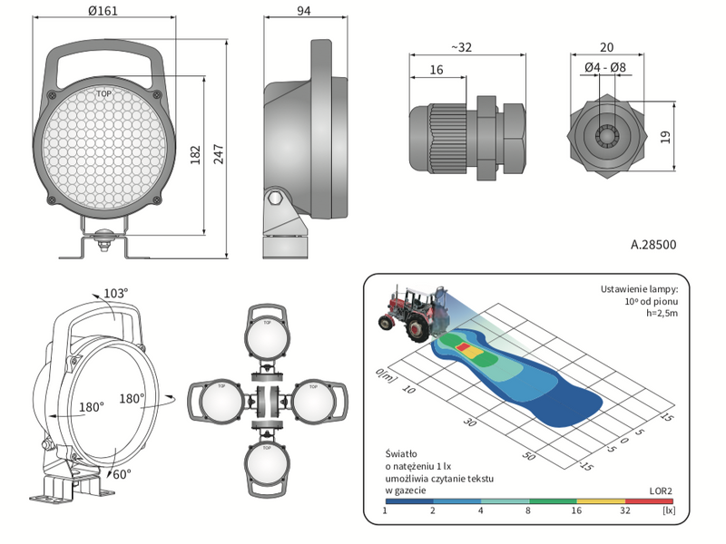 lampa robocza halogenowa 161mm WESEM z uchwytem omega i wyłącznikiem LOR2.09338