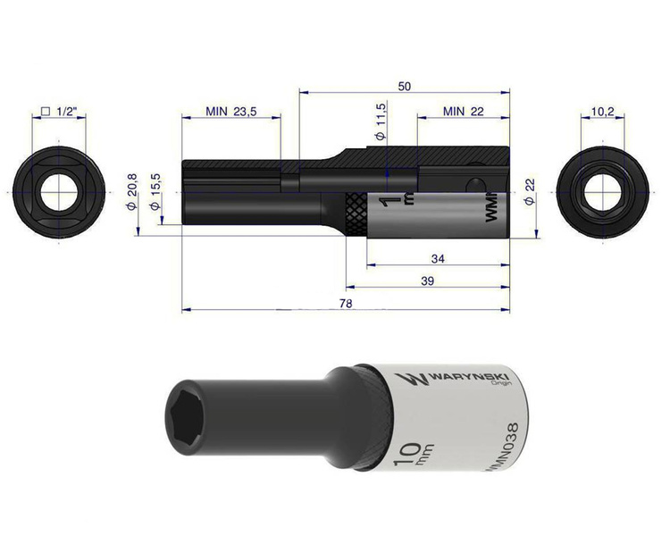 Nasadka sześciokątna 1/2" 10 mm długa Waryński