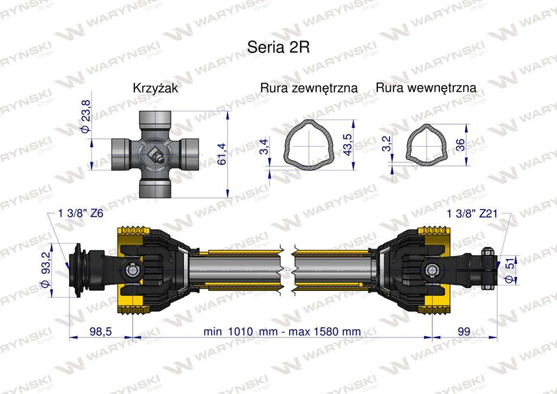 Wał przegubowo-teleskopowy 1010-1580mm 270Nm widłak Z21 skręcany na śrubę 40270 CE seria 2R WARYŃSKI [W221121010]