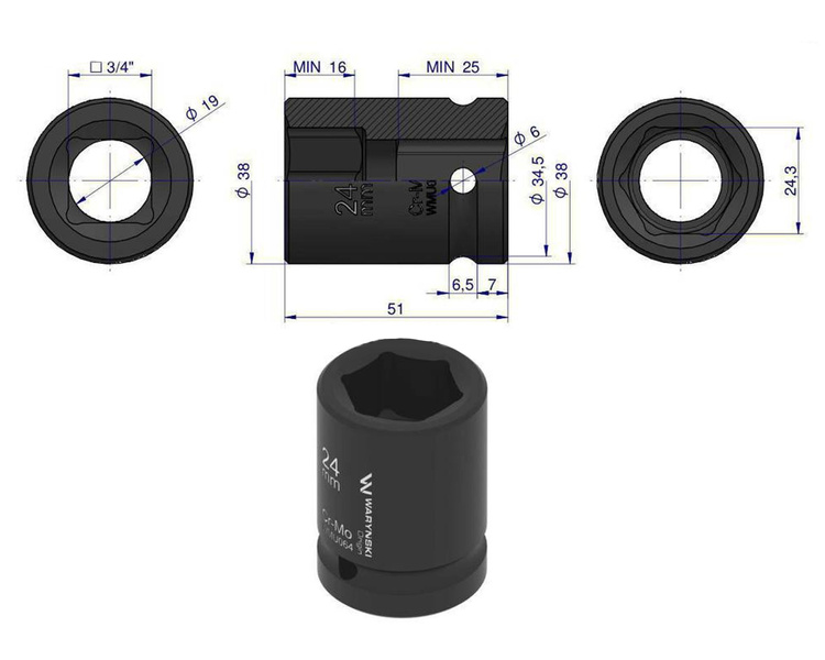 Nasadka udarowa sześciokątna 3/4" 24 mm Waryński