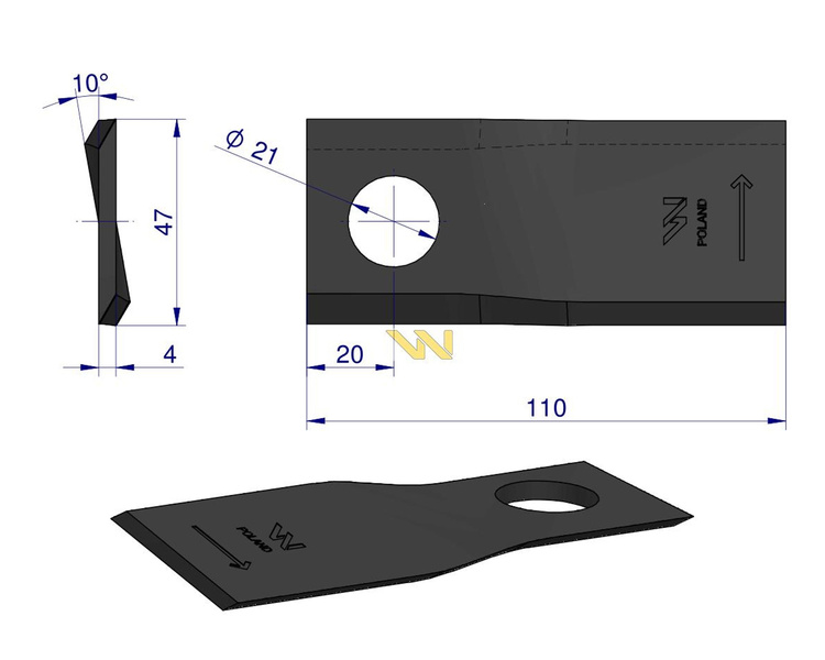 Nóż. nożyk kosiarka lewy 110X48X4mm otwór 21 RF 110/4 Famarol WARYŃSKI