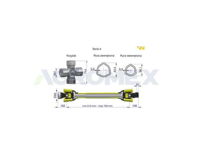 Wał przegubowo teleskopowy 510-720mm 460Nm 50210 CE seria 4 WARYŃSKI