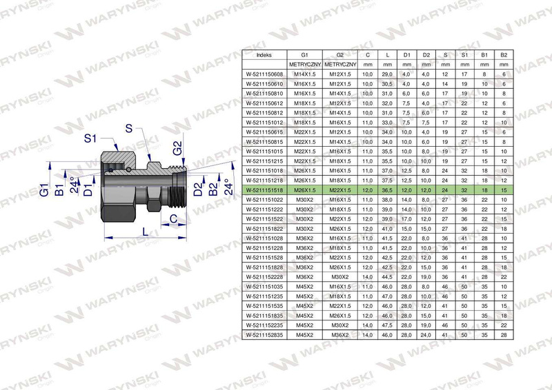 Złączka hydrauliczna metryczna AB (XKOR) A-M26x1.5 18L / B-M22x1.5 15L Waryński