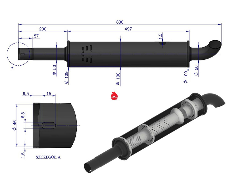 Tłumik C-330 okrągły krótki 830mm 4.1kg 42402071U oryginał Ursus