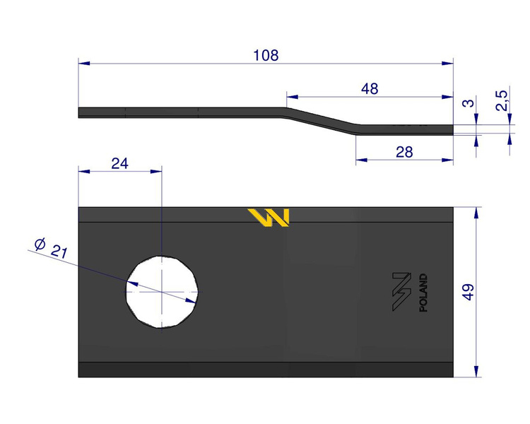 Nóż. nożyk kosiarka gięty 108x46x3mm otwór 21 108P WARYŃSKI