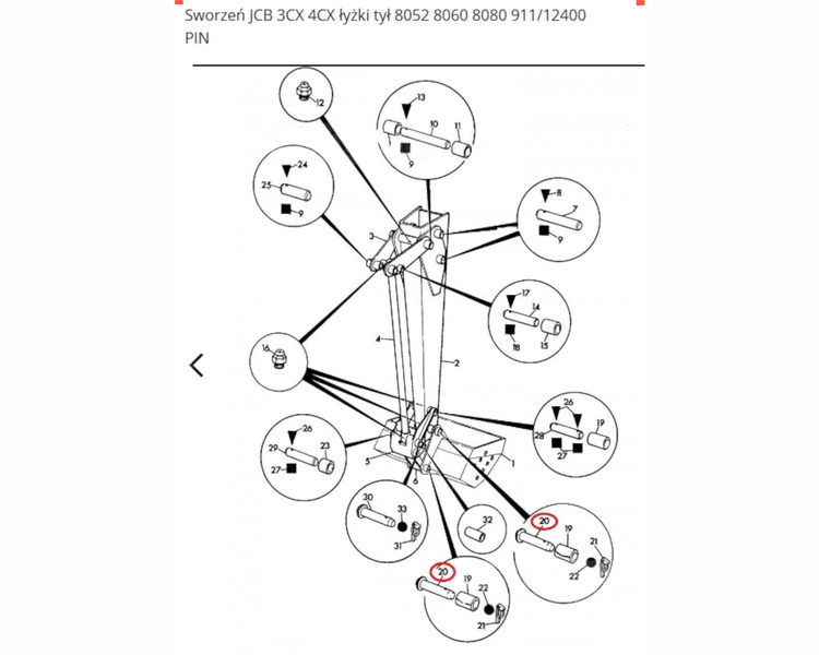 Sworzeń tylnej łyżki do koparko ładowarki JCB 3CX 4CX 911/12400