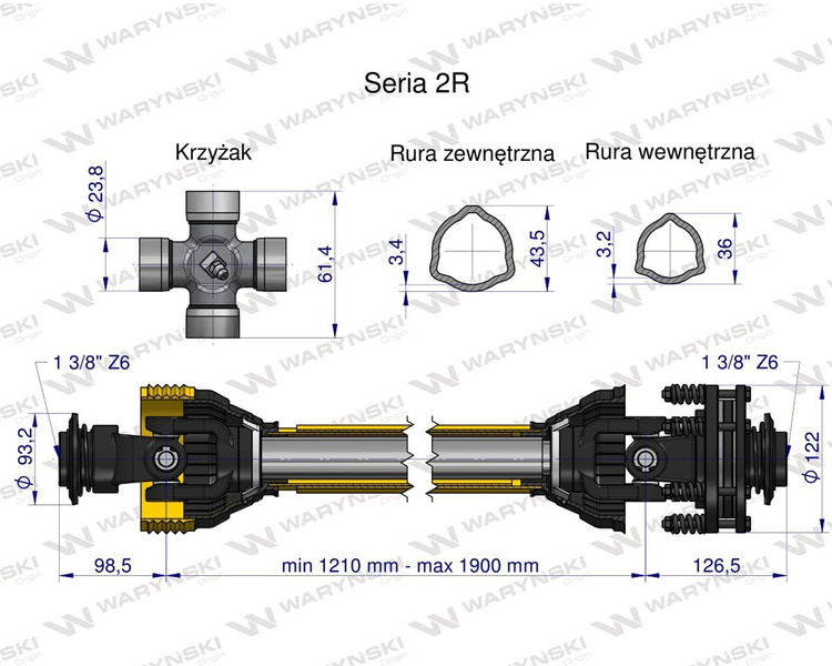 Wał przegubowo-teleskopowy 1210-1900mm 270Nm sprzęgło cierne 300Nm CE seria 2R WARYŃSKI