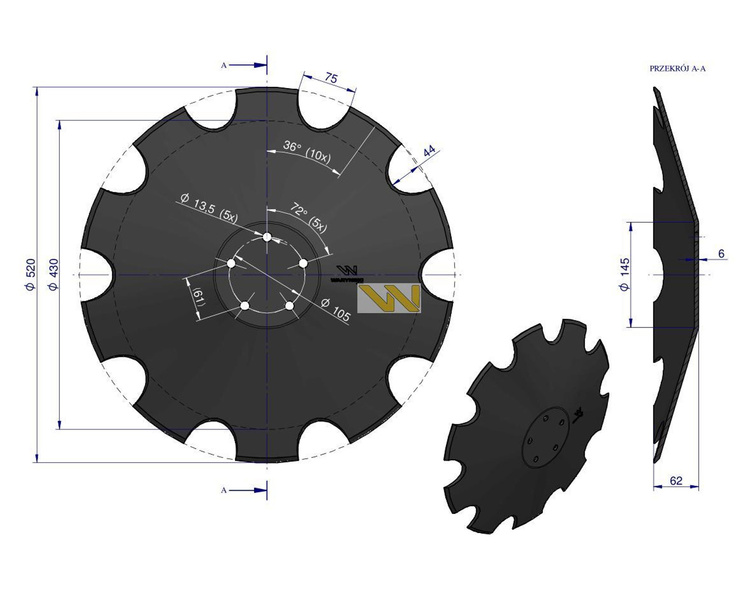 Talerz uzębiony Z-10 520mm 5/105mm grubość 6mm stal borowa Waryński