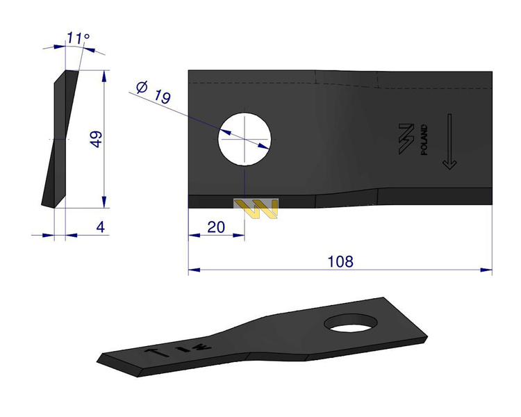 Nóż. nożyk kosiarka prawy 108x47x4mm otwór 19 1434986 Pottinger WARYŃSKI