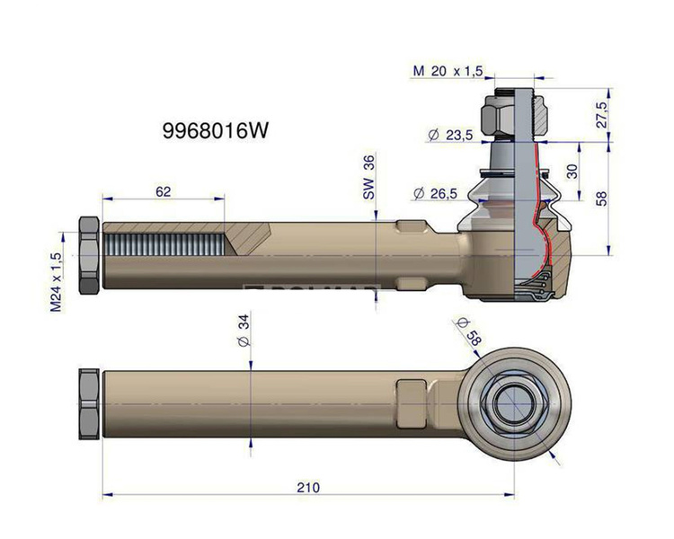Przegub kierowniczy 210mm M24x1,5  9968016 CASE IH WARYŃSKI