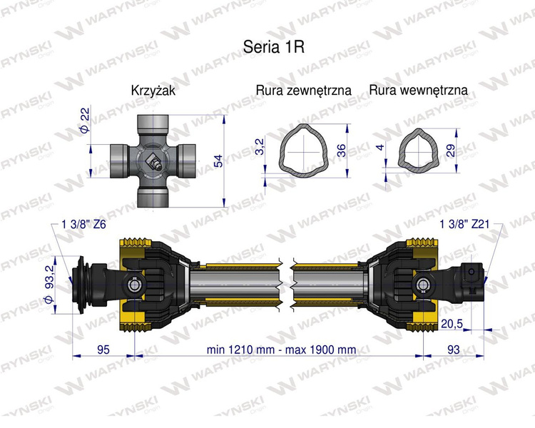 Wał przegubowo-teleskopowy 1210-1900mm 210Nm widłak Z21 od maszyny CE WARYŃSKI