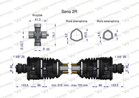 Wał przegubowo-teleskopowy 510-720mm 460Nm szerokokątny z dwóch stron CE seria 2R WARYŃSKI [W29090510]