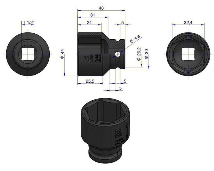 Nasadka udarowa sześciokątna 1/2" 32 mm Waryński