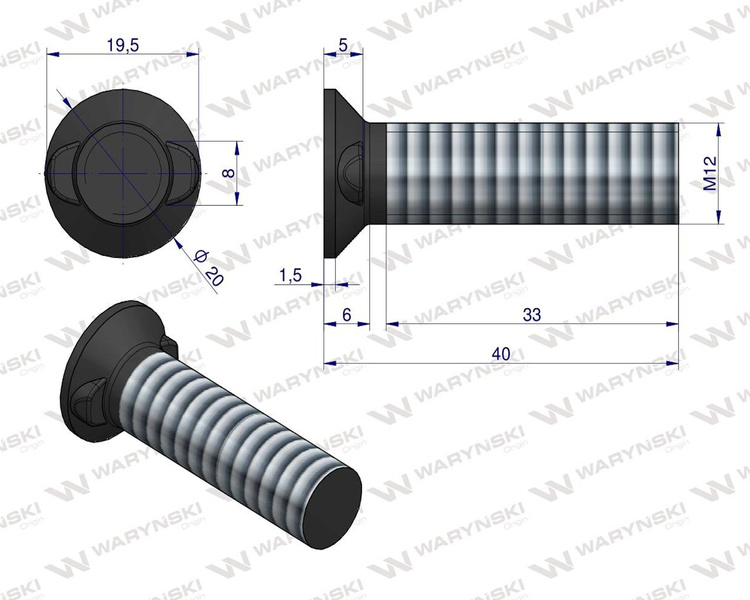 Śruba kpl. płużna dwunoskowa M12x40 mm kl.12.9 Waryński