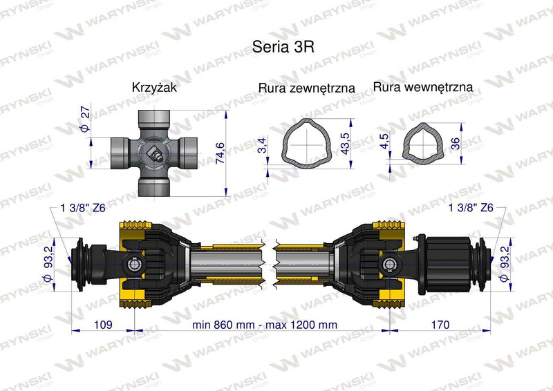 Wał przegubowo-teleskopowy 860-1200mm 460Nm sprzęgło zapadkowe CE seria 3R WARYŃSKI [W32138860]