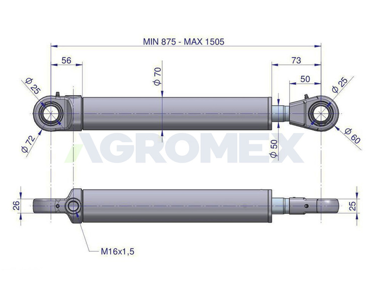 Cylinder hydrauliczny - siłownik jednostronny wzmocniony (SMN2.50 630+KT2; 7210120052) Tur 1.2 Waryński