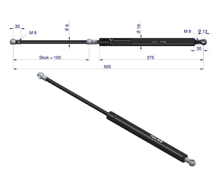 siłownik amortyzator gazowy A=505 B=365 F=300N skok 100, POLMO 04403124
