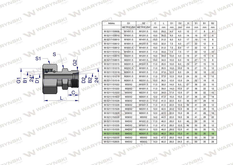 Złączka hydrauliczna metryczna AB (XKOR) A-M45x2 35L / B-M26x1.5 18L Waryński