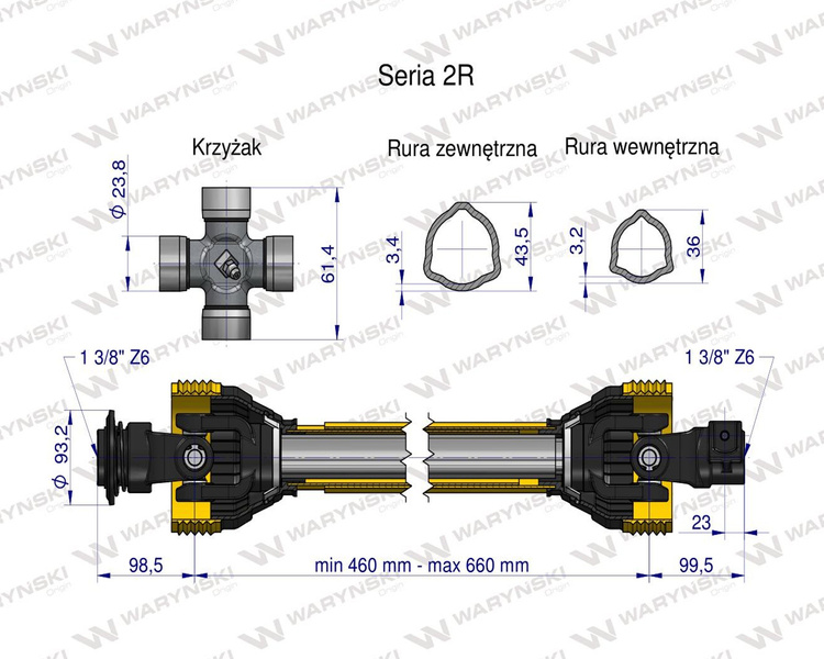 Wał przegubowo-teleskopowy 460-660mm 270Nm 40200 CE seria 2R WARYŃSKI WA25-46