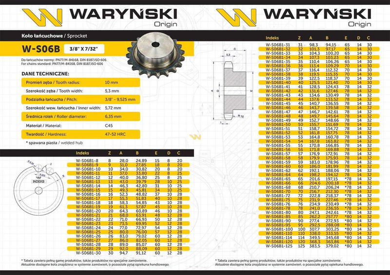 Koło zębate hartowane z kołnierzem 06B-1 (R1 3/8) Z-15 Waryński