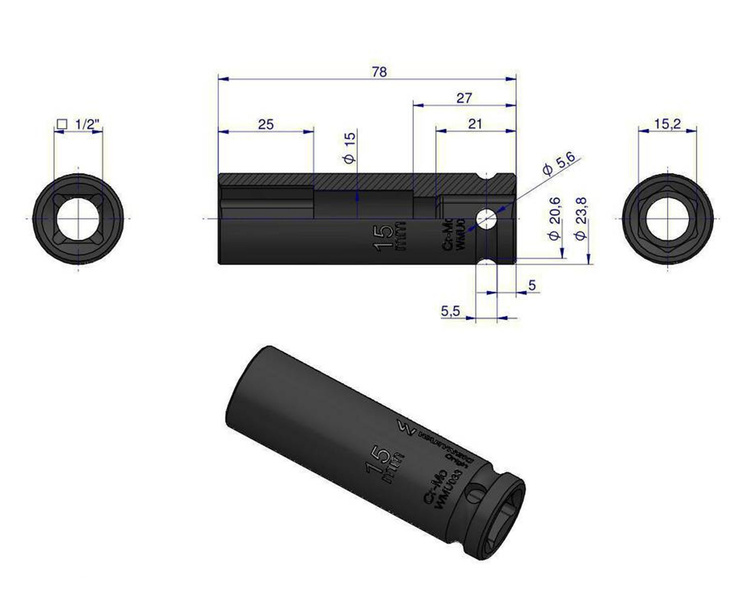 Nasadka udarowa sześciokątna długa 1/2" 15 mm Waryński