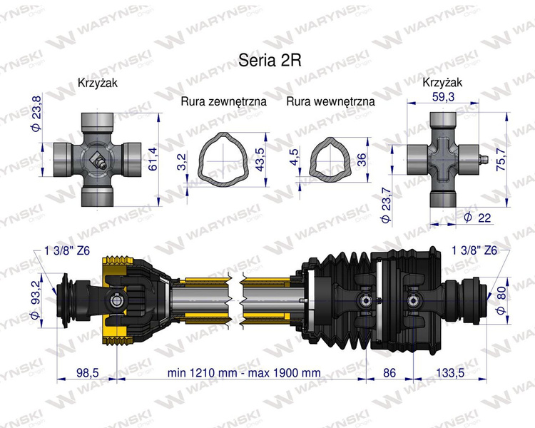 Wał przegubowo-teleskopowy 1210-1900mm 270Nm szerokokątny CE seria 2R WARYŃSKI