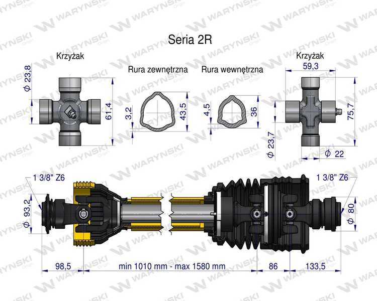 Wał przegubowo-teleskopowy 1010-1580mm 270Nm szerokokątny CE seria 2R WARYŃSKI