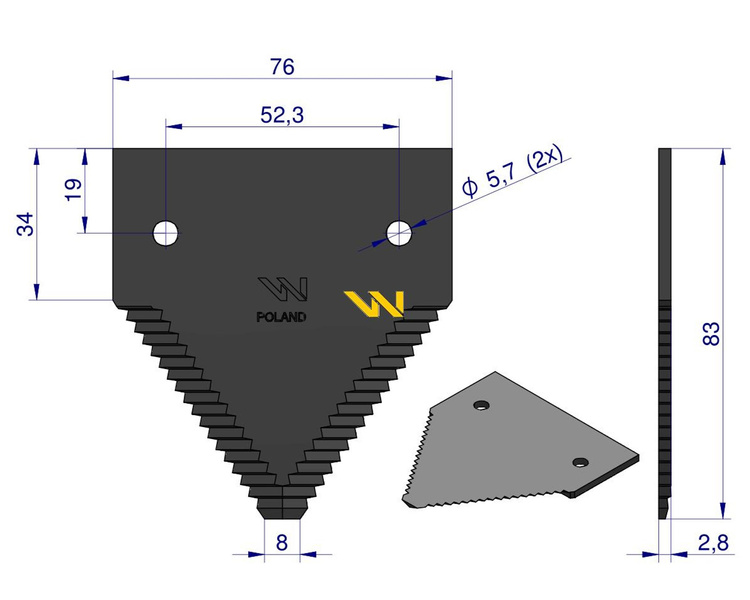 Nóż żniwny 83x76x2.7mm otwór 5.5 80309197 New Holland WARYŃSKI