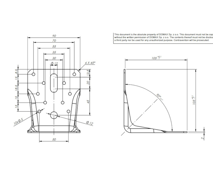 Kątownik łącznik z przetłoczeniem dwustronnym 105x105x90x2,0 dmx