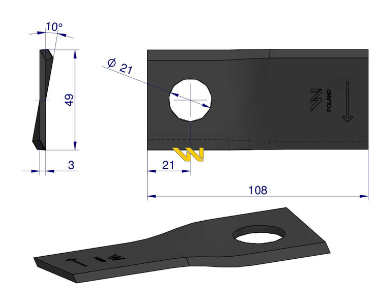 Nóż. nożyk kosiarka prawy 108X50X3mm otwór 21 RF 108/3 Famarol WARYŃSKI