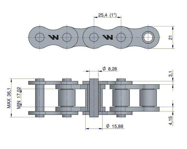 Łańcuch rolkowy 16B-1 (R1 1) Waryński