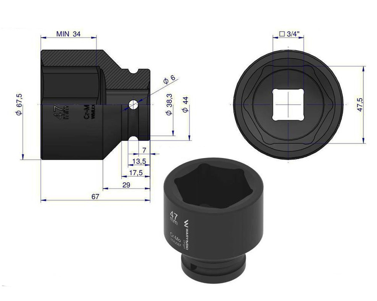 Nasadka udarowa sześciokątna 3/4" 47 mm Waryński