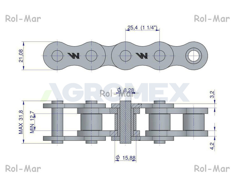 Łańcuch rolkowy 16BX 104 ogniwa 2642mm wzmacniany 16BX-103PZ+ogn  Sipma 5279000060 Waryński