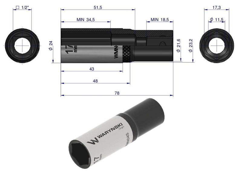 Nasadka sześciokątna 1/2" 17 mm długa Waryński