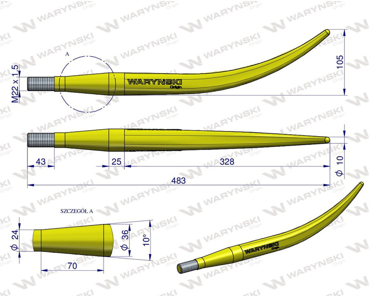 Ząb ładowacza wygięty zamykający L- 480 mm chwytak ( krokodyl) Tur WARYŃSKI