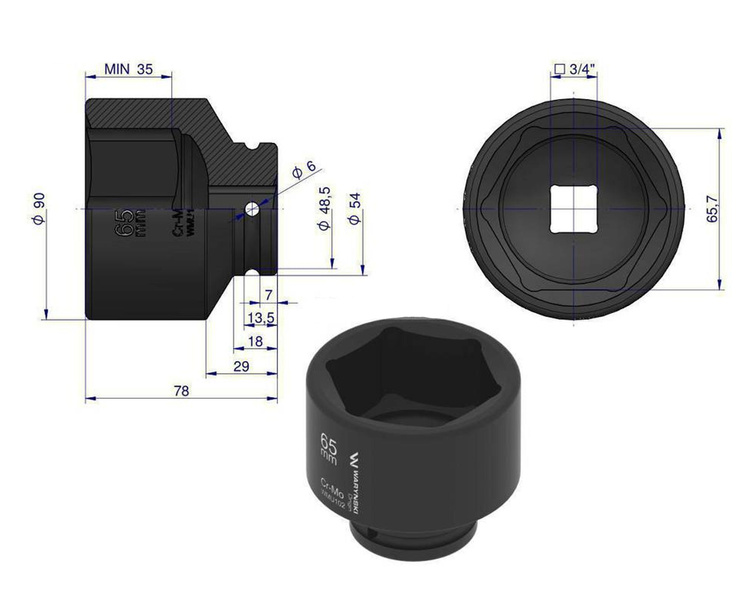 Nasadka udarowa sześciokątna 3/4" 65 mm Waryński