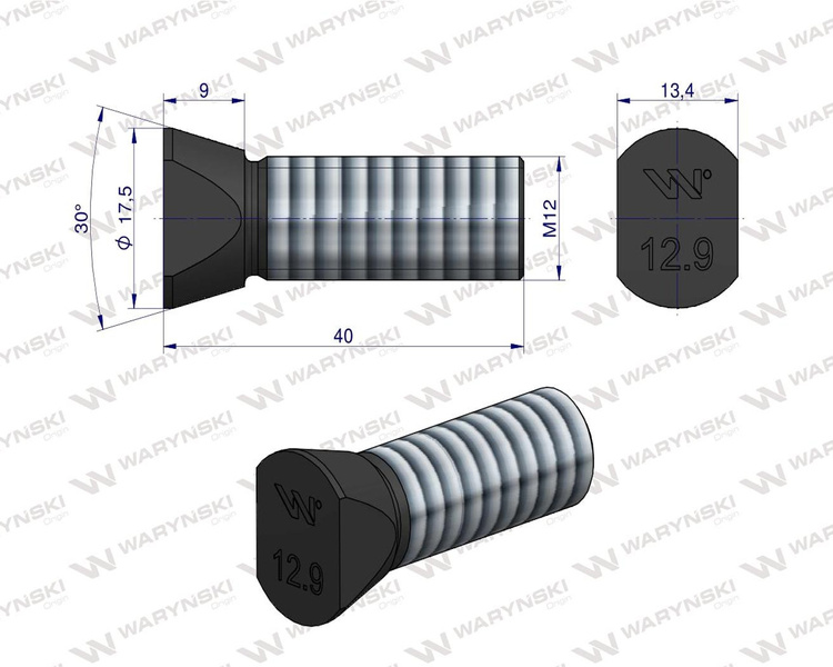 Śruba kpl. płużna oval z dwóch stron ścięta M12x40 mm kl.12.9 Vogel & Noot Waryński