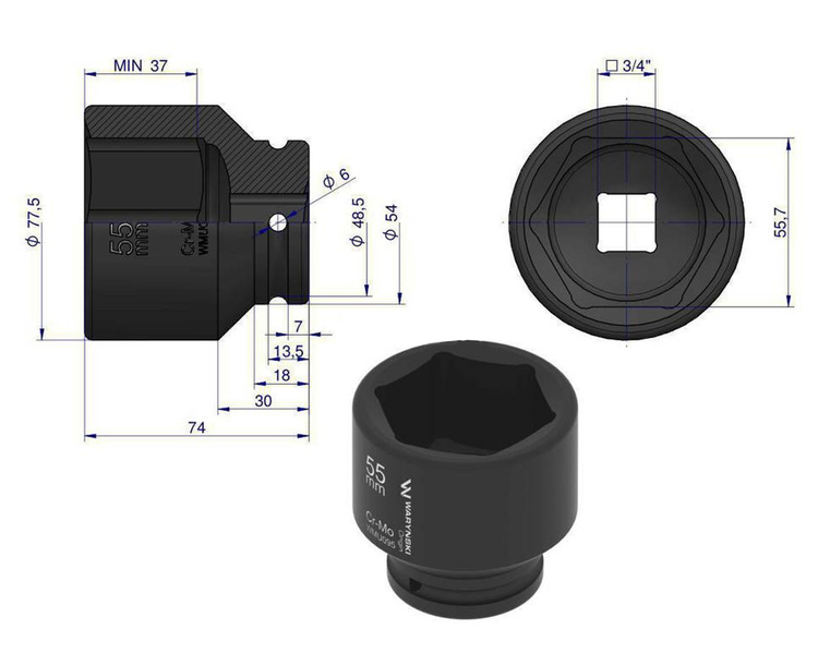 Nasadka udarowa sześciokątna 3/4" 55 mm Waryński