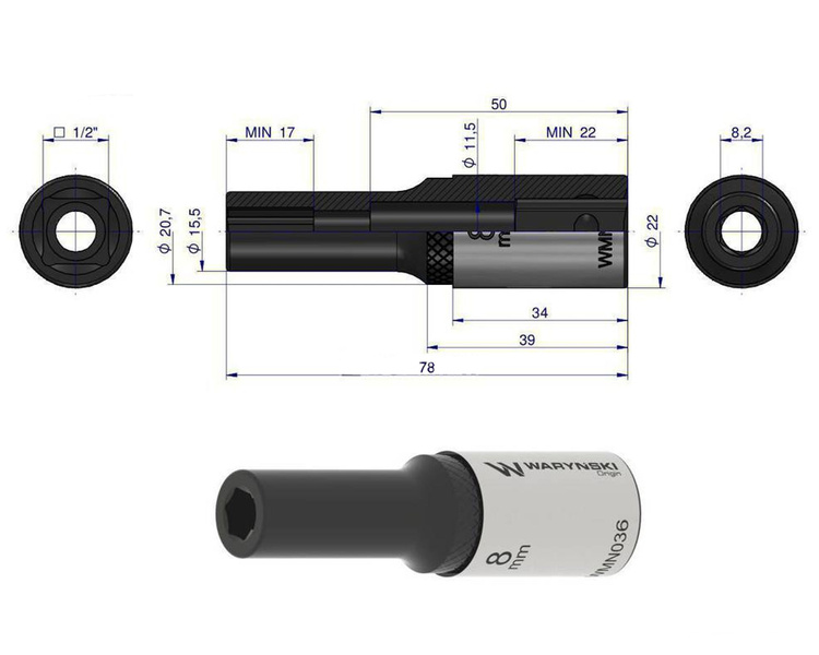 Nasadka sześciokątna 1/2" 8 mm długa Waryński