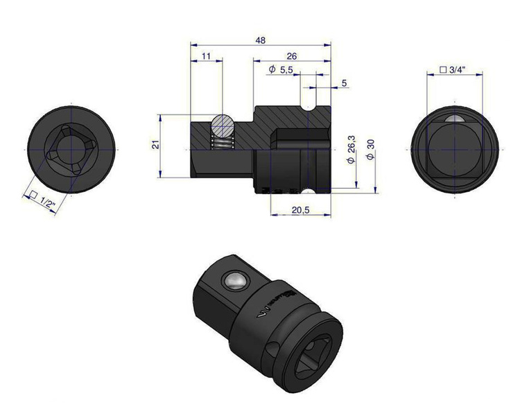 Adaptor do nasadek udarowych 1/2" x 3/4"  Waryński