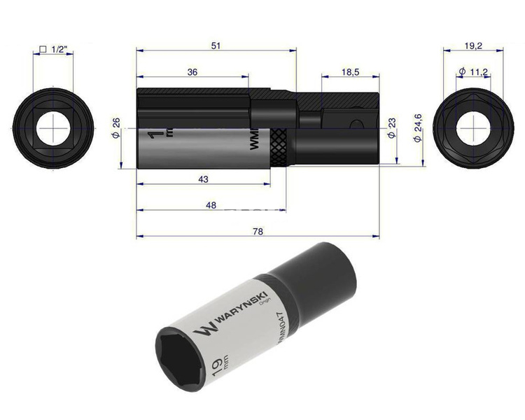 Nasadka sześciokątna 1/2" 19 mm długa Waryński