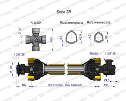 Wał przegubowo-teleskopowy 910-1400mm 460Nm sprzęgło z kołkiem 1300Nm CE seria 3R WARYŃSKI