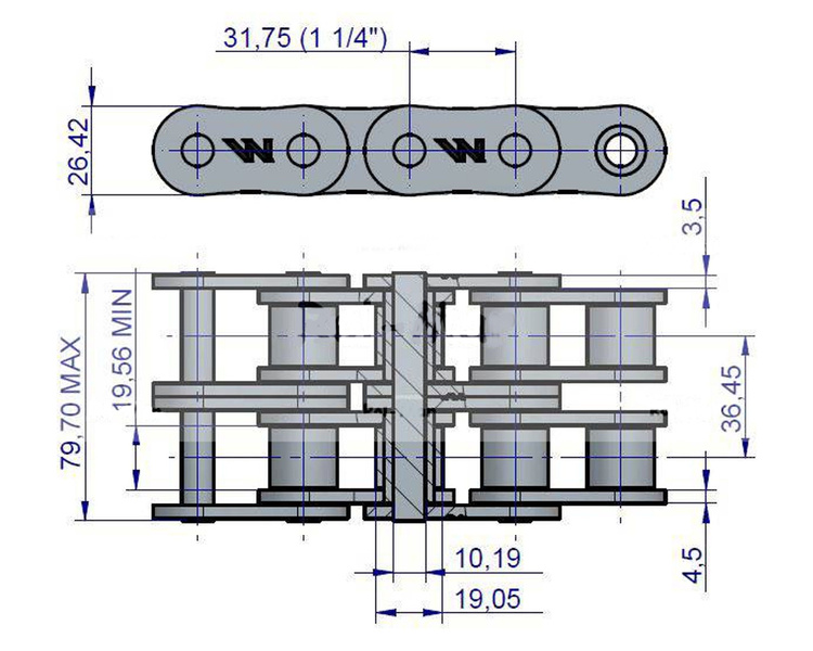 Łańcuch rolkowy 20B-2 (R2 1.1/4) 5 m Waryński