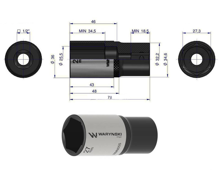 Nasadka sześciokątna 1/2" 27 mm długa Waryński