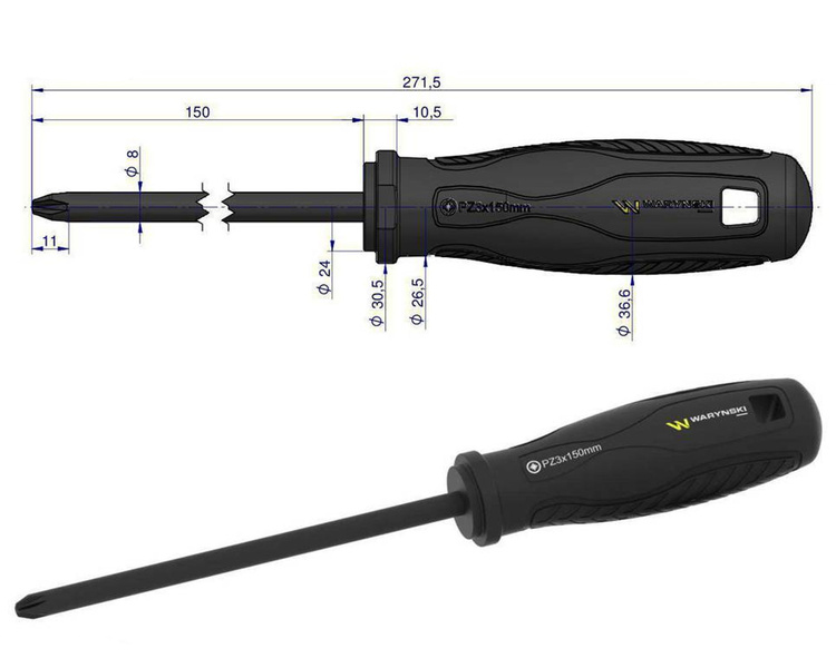 Wkrętak PZ3. 150 mm. stal SVCM. Waryński