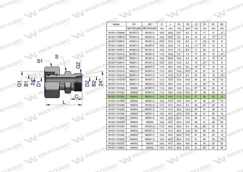 Złączka hydrauliczna metryczna AB (XKOR) A-M30x2 22L / B-M22x1.5 15L Waryński