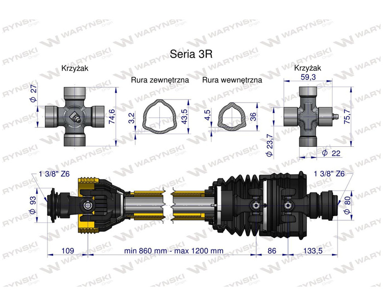 Wał przegubowo-teleskopowy 860-1200mm 460Nm szerokokątny od st.maszyny CE seria 3R WARYŃSKI