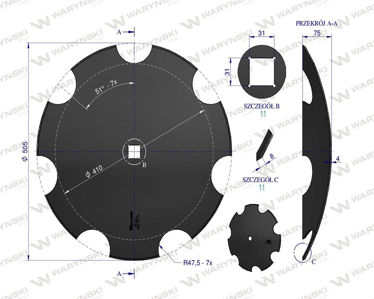 Talerz uzębiony Z-7 fi 510 otwór 30x30 stal borowa 3,5mm Waryński Premium 1242050040 1279201020